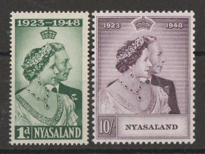 NYASALAND : 1948 KGVI Silver Wedding set 1d & 10/-. MNH **.