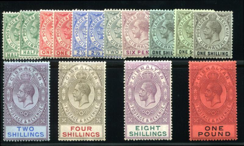 Gibraltar 66-76 MLH Prime KGV set + 3 shades of 1 sh.