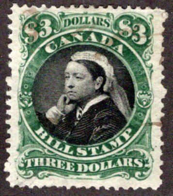 FB54, van Dam, $3, used,  green + black centre, p12, Canada 3rd Issue Bill