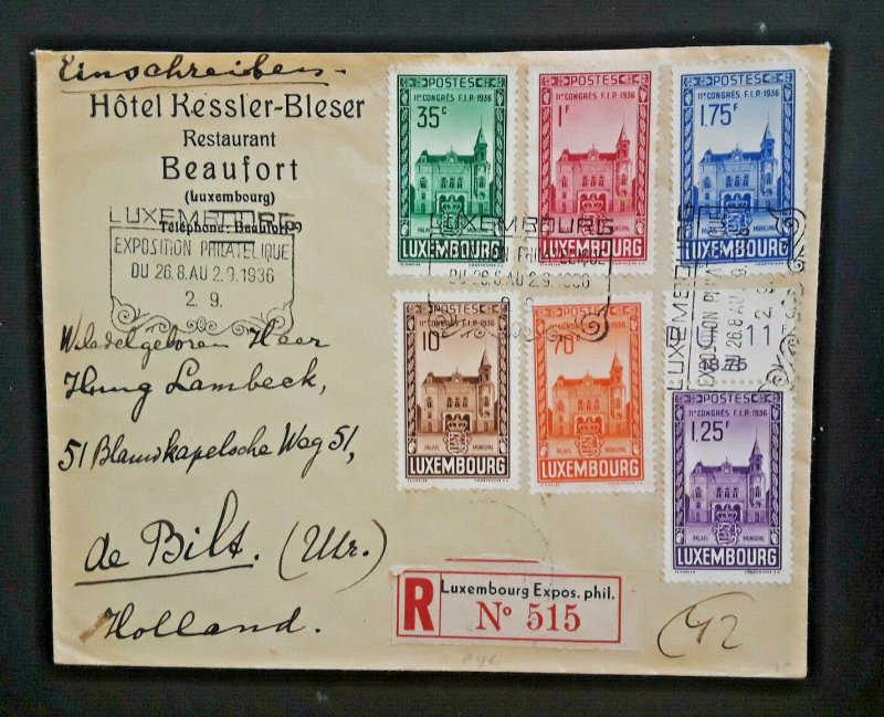 1936 Beaufort Luxembourg To Utrecht Holland Stamp Exposition Registered Cover