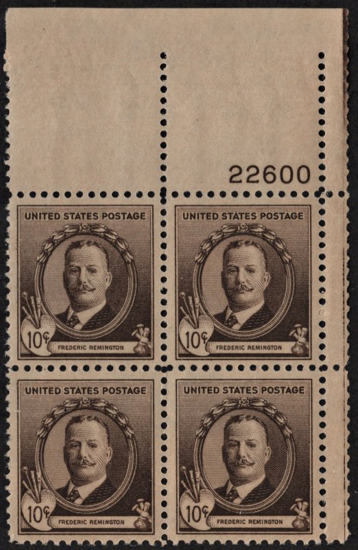 SC#888 10¢ Frederic Remington Plate Block: UR #22600 (1940) MNH