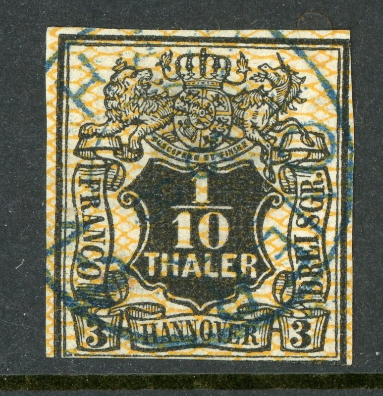 Germany 1851 Hanover 1/10 th Yellow Scott # 14 VFU Z812