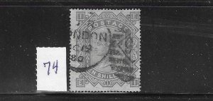 GREAT BRITAIN SCOTT #74 (SG #128) 1878 10SH (GREENISH GRAY) WMK 26- USED