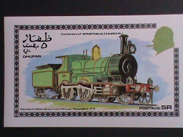 DHUFAR- CENTENARY DEATH OF SIR WINSTON CHURCHILL-CLASSIC TRAIN MNH IMPERF S/S