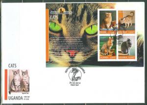 UGANDA 2014 DOMESTIC ANIMALS CATS  SHEET  FIRST DAY COVER