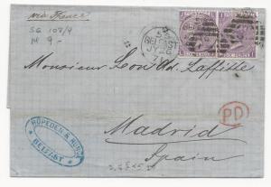 GREAT BRITAIN Scott #51 x2 Belfast, Irelnd to Madrid Via France FWD Mark 1871