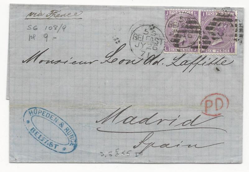 GREAT BRITAIN Scott #51 x2 Belfast, Irelnd to Madrid Via France FWD Mark 1871