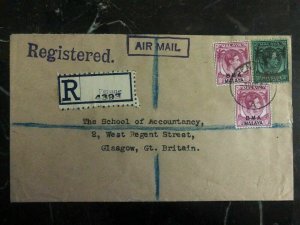 1947 Penang Malaya Registered Cover To School Of Accountancy Glasgow Scotland