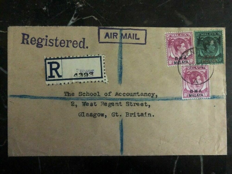 1947 Penang Malaya Registered Cover To School Of Accountancy Glasgow Scotland