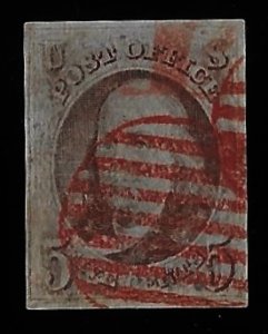 #1  1 cent Franklin, SUPERB RED GRID CANCEL  Stamp used EGRADED VF-XF 85