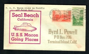 PH25 Cover USS Macon ZRS-5 sinks  Cachet Seal Beach, Cal. Seal Beach 1936