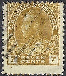 Canada #113 7¢ King George V (1912). Yellow ochre. Average centering. Used.