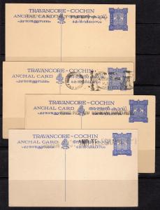 India Travancore Cochin Postal Card Independence Overprint 7 Diff. unused  a733
