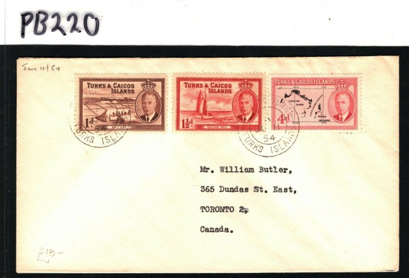 TURKS & CAICOS KGVI Cover Canada Toronto 1954 {samwells-covers} PB220