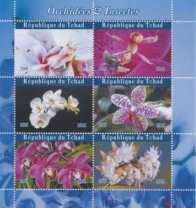 Chad 2022 CTO Flowers Stamps Orchids & Insects Orchid Flora Nature 6v M/S II 