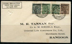 BURMA 1937 SEPARATION FIRST DAY COVER MAILED TO RANGOON