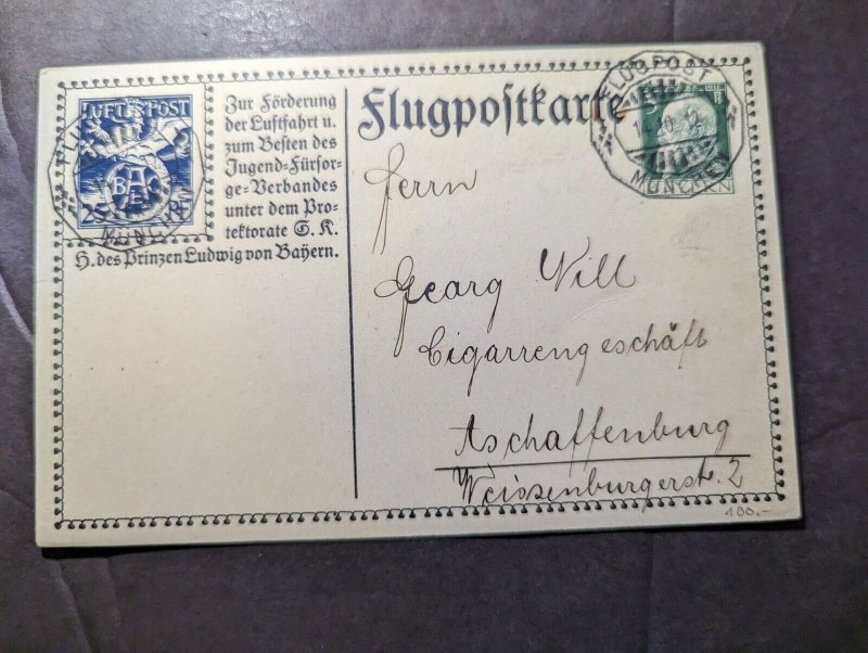 1912 Germany Early Airmail Postcard Cover Munich to Aschaffenburg