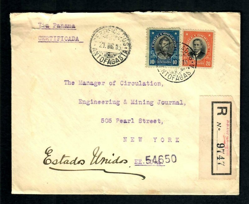 Lot2ln Chile Cover Registered1917 To Engineering & Mining Journal N.Y. U.S.A.