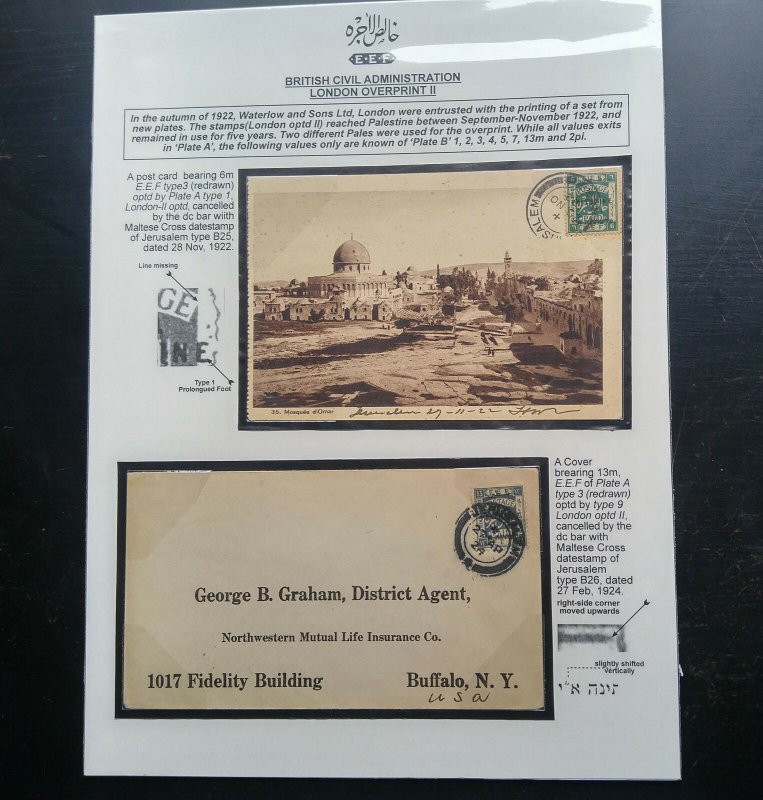 VERY RARE PALESTINE E.E.F 1922-24 “LONDON OVERPRINT 2” POST CARD + COVER 02 OPTD