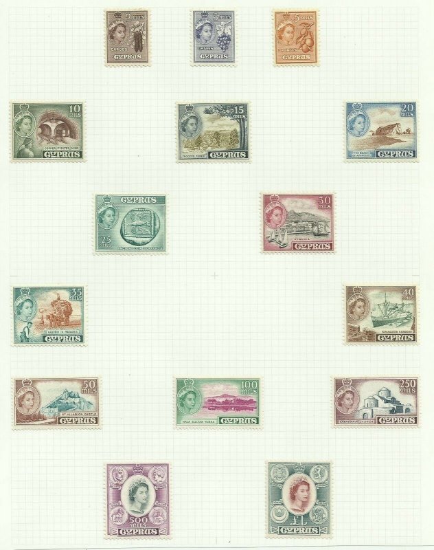 Cyprus 1955 Set of 15, Sg 173-187, Hinged to page, M/M {C/P-20}