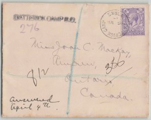 Great Britain 1917 WWI Batterick Camp Registered Cover to Renfrew Canada