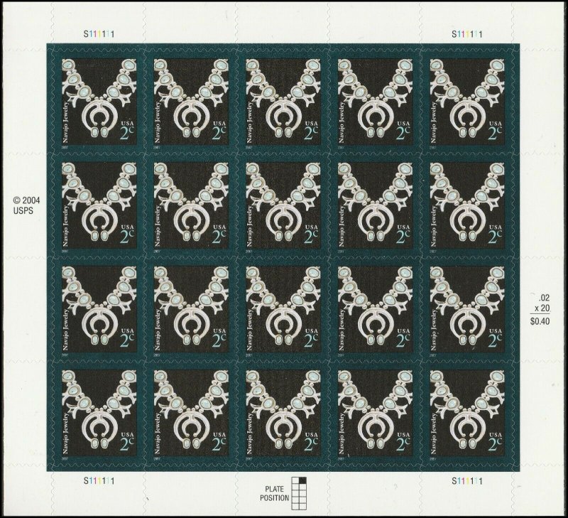 US 3753 American Design Navajo Jewelry 2c sheet S111111 (20 stamps) MNH 2007