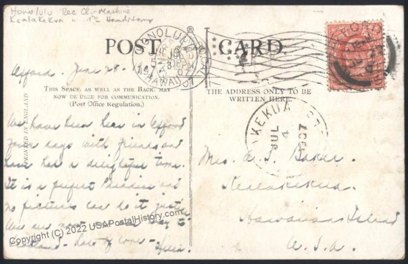 Hawaii USA 1907 KEALAKEKUA Used Postcard Territory Territorial Cover 109065