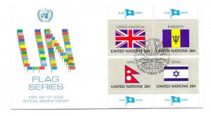 United Nations #399-02 Flag Series 1983 UK Barbados Nepal Isreal  Geneva Tab FDC