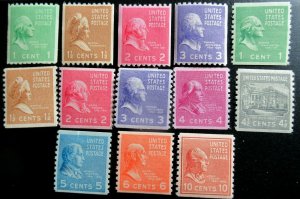 US 1939 Presidential Coil Stamp Set  #839-851 MH CV $33.90