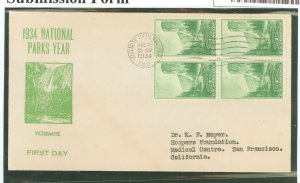 US 740 1934 1c Yosemite (part of the National Park Series) block of four on an addressed first day cover.