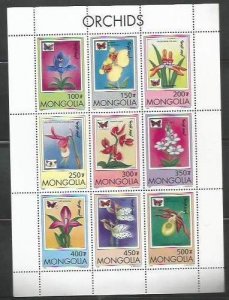 MONGOLIA - 1997 - Orchids - Perf 9v Sheet - Mint Never Hinged