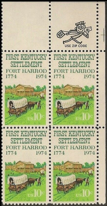 US 1542 First Kentucky Settlement 10c zip block UR (4 stamps) MNH 1974