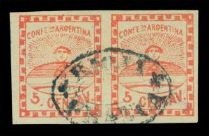 ARGENTINA 1858 Confederation 5c red Sc #1 used XF - PAIR RIOJA FRANCA cxl Rare