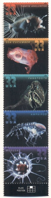 US: 2000 DEEP SEA CREATURES; Horizontal Strip of 5; Sc 3439-43; 33 Cents Values