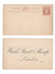 Great Britain QV 1/2p Stiff Postal Card Preprinted Advert Ward Sturt & Sharp