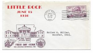 Arkansas Centenary Scott 782 FDC Little Rock, 1936, Stamp Dealer Content