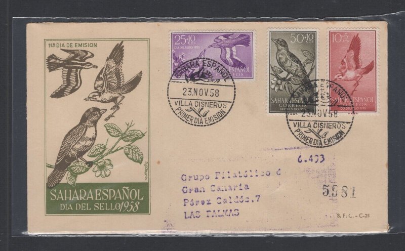 Spanish Sahara #B50-52  (1958 Birds set) on addressed cachet FDC