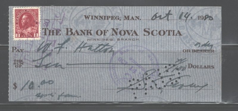 CANADA 1920 BK of N. SCOTIA,WINNEPEG, MANITOBA #106,ON CHEQUE PAY IN Cnd.$$
