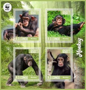Stamps. Fauna.WWF. Monkey  2021 year 1+1 sheets perf Congo
