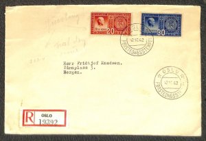 NORWAY 253 & 254 STAMPS OSLO TO BERGEN REGISTERED FDC FIRST DAY COVER 1942