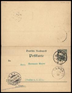 Germany 1903 East Africa DOA 3P Reply Postal Card Pair Cover 77746