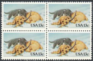 1982 Kitten & Puppy Playing Block Of 4 13c Postage Stamps, Sc# 2025, MNH, OG