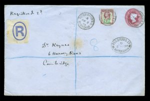 GB 1894 QV 2p violet large postal stationery envelope +QV  1½p UPRATED to Regtrd