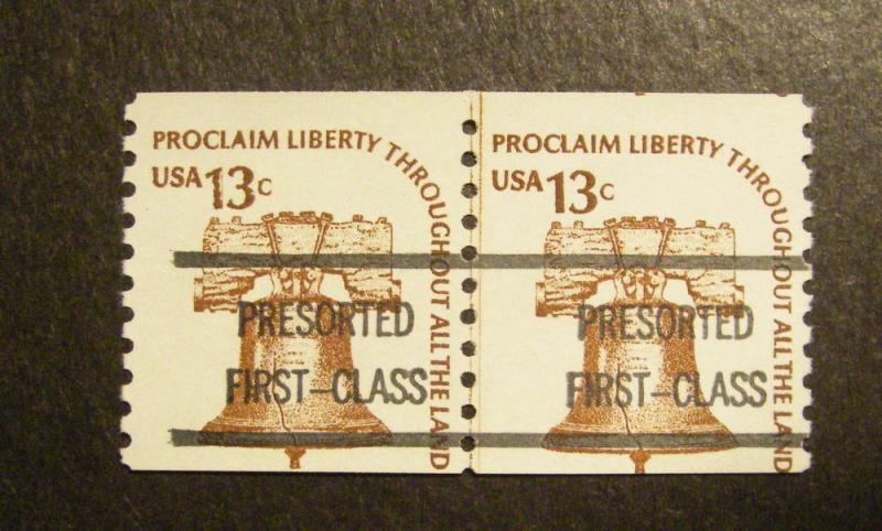 Scott 1618a, 13c PRECAN Liberty Bell Line Pair, dull gum