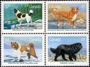 Canada #1220a, Complete Set, Block of 4, 1988, Dogs, Never Hinged