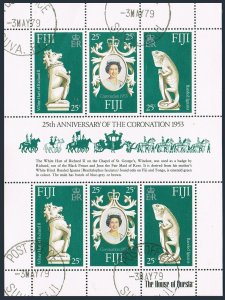 Fiji 384 sheet,CTO.Michel 372-374 klb. QE II coronation,25,1978.Hart.Iguana.