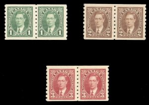 Canada #238-240 Cat$47, 1937 George VI, set of three in horizontal pairs, nev...