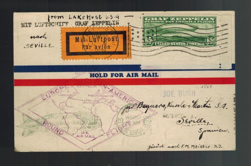 1930 USA Graf Zeppelin postcard cover Around the World to Seville Spain # C13