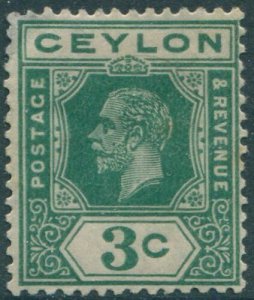 Ceylon 1912 SG302 3c blue-green KGV #2 MLH (amd)