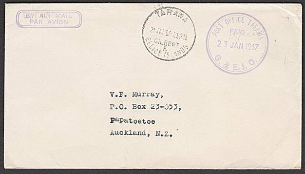 GILBERT & ELLICE IS 1967 cover to NZ - POST OFFICE TARAWA PAID cds.........55433